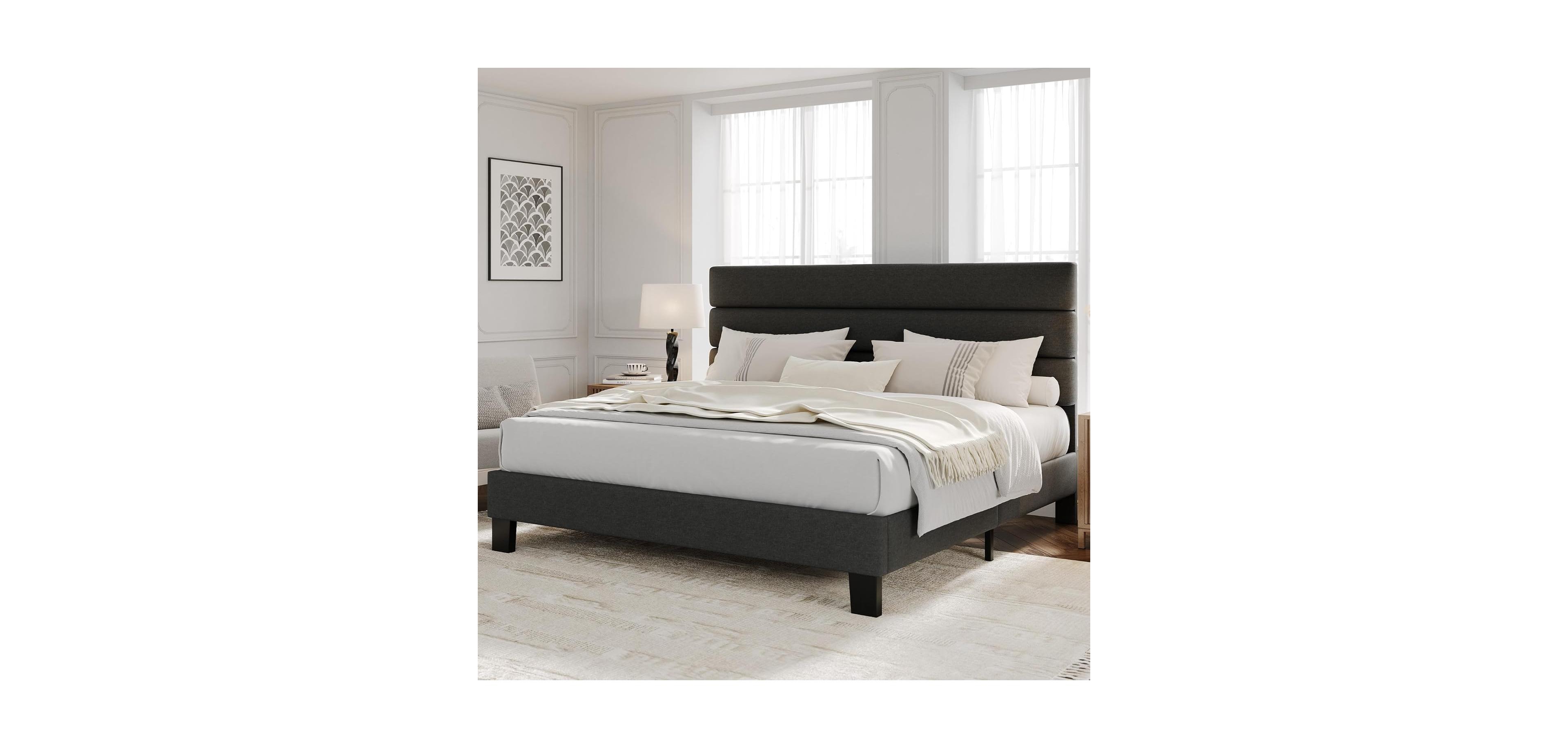 gaomon Platform Bed Frame with Adjustable Linen Upholstered Headboard, Wooden Slat Support, Heavy-Duty Mattress Foundation, No Box Spring Needed