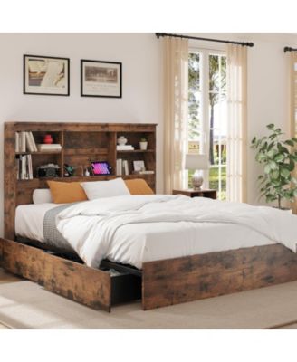 Queen Bed with Storage Bookcase Headboard & 4 Drawers, Wood Platform Frame with Charging Station, Quiet, Brown