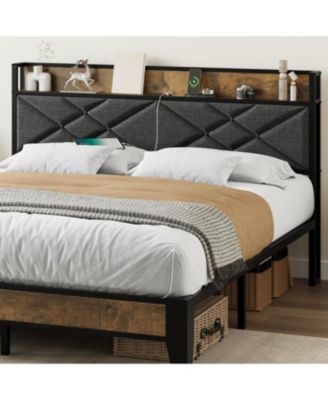 Metal Platform Bed Frame with Charging Station, Tufted Headboard, Storage Shelf & Steel Slats