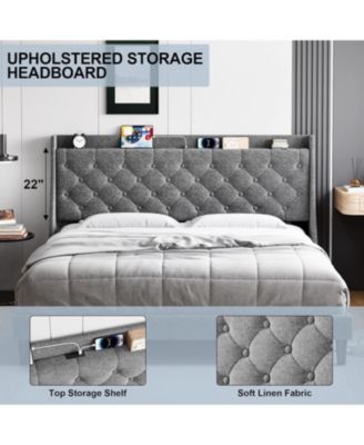 King Upholstered Platform Bed with Button Tufted Wingback Storage Headboard, Wood Slats, Charging Station, Noise-Free