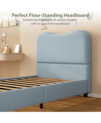 Twin Size Blue Boucle Kids Bed Frame with Upholstered Headboard, Low Profile, Heavy Duty Wooden Slats, No Box Spring Needed