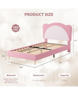 Twin Size Kids Upholstered Bed Frame with Adjustable Scallop Velvet Headboard, Princess Platform, Pink & White