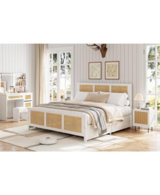 Queen Size Rattan Accent Storage Bed with 4 Drawers, Woven Front, LED Lights, MDF Frame