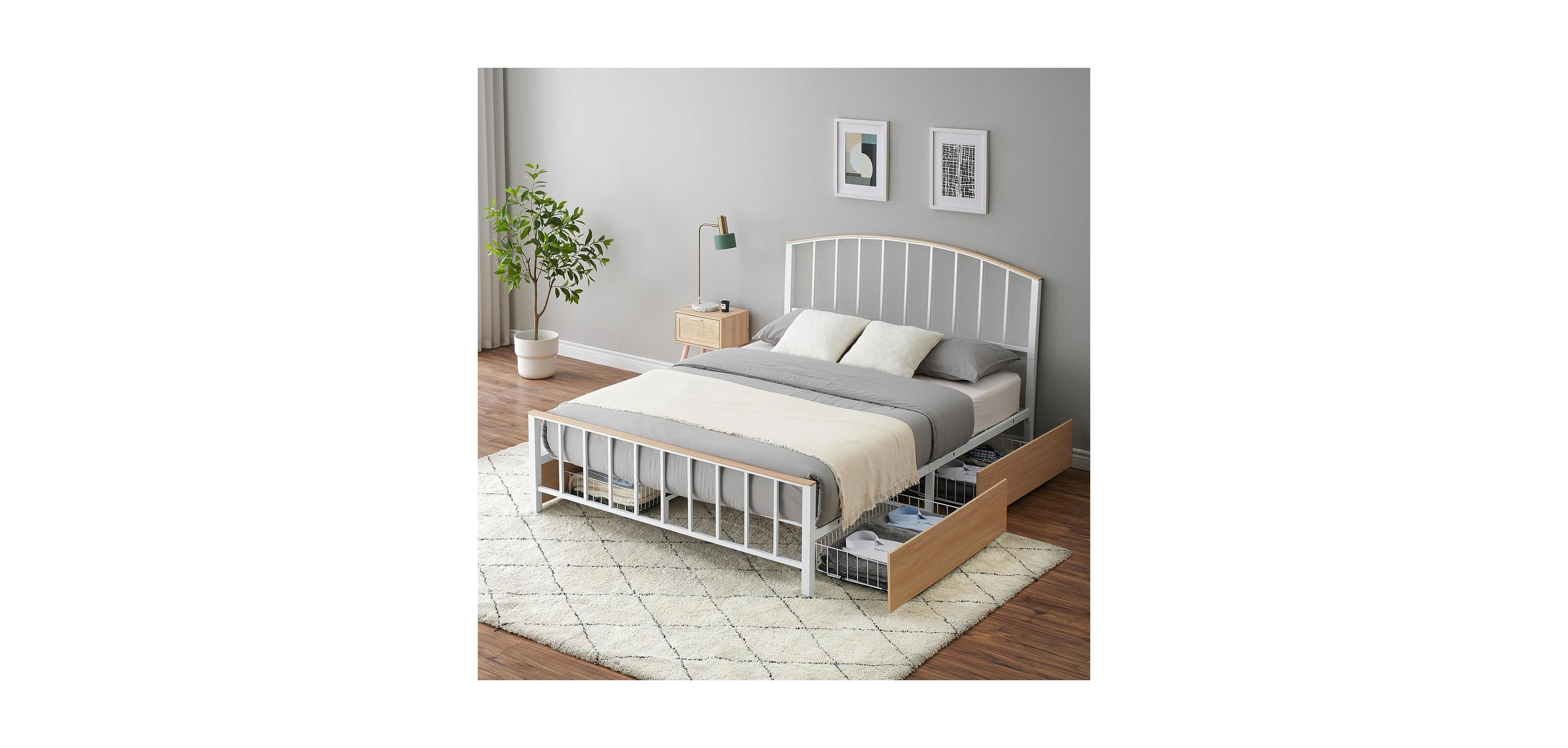 gaomon Queen Size Wood & Metal Bed Frame with 4 Storage Drawers Headboard & Footboard No Box Spring