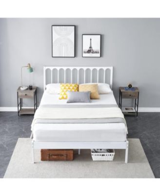 Queen Size Metal Bed Frame with Wave Headboard 2 Storage Drawers Underbed Storage Steel Slats