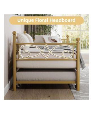 Twin Daybed with Trundle Metal Sofa Bed Heavy Duty Slats Space Saving Guest Room Gold
