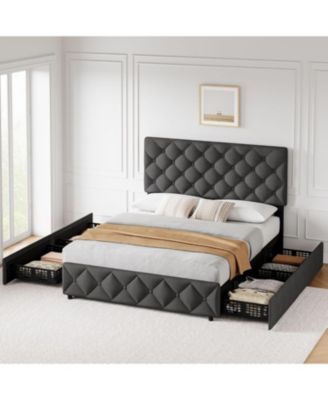 Full Size Bed Frame 4 Storage Drawers Adjustable Upholstered Headboard Platform Bed Button Tufted Gray