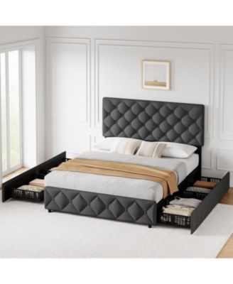 King Size Bed Frame 4 Storage Drawers Adjustable Upholstered Headboard Platform Bed Button Tufted Gray