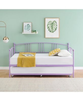 Twin Daybed with Trundle Metal Frame Pullout Trundle 6 Casters Steel Slats Living Room Bedroom Guest Room No Box Spring Purple