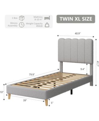 Twin XL Bed Frame Boucle Upholstered Wave Headboard Kids Girls Boys Wooden Slats No Box Spring Grey