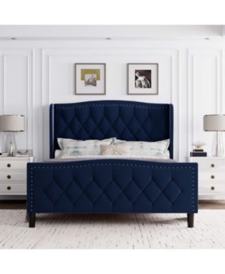 Full Bed Frame Blue Upholstered 4 Storage Drawers Wingback Headboard Charging Station Button Tufted