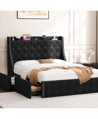 Full Bed Frame Black Upholstered 4 Storage Drawers Wingback Headboard Charging Station Button Tufted