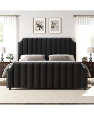 Queen Size 50" Headboard, Velvet Channel Tufted Footboard, Nailhead Trim, No Box Spring, Black Platform Bed Frame