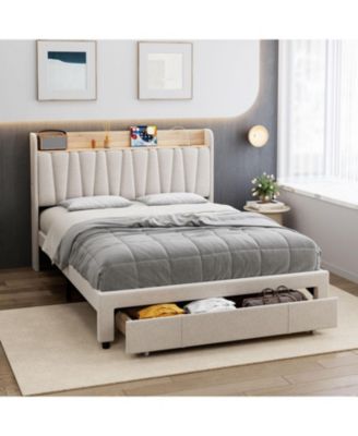 Queen Size Bed Frame Storage Headboard Upholstered Platform Drawers Charging Station Noise Free No Box Spring