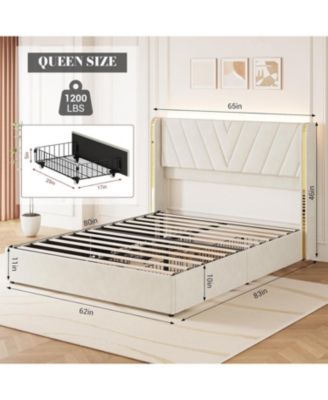 Queen Size Bed Frame with LED Headboard Storage Metal Frame Wood Slat Support No Box Spring Needed Heavy Duty Beige