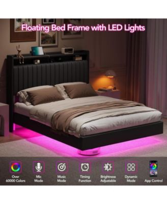 Full Size Floating Bed Frame RGB LED Lights Charging Station Storage Headboard 50in Headboard Upholstered Platform Black