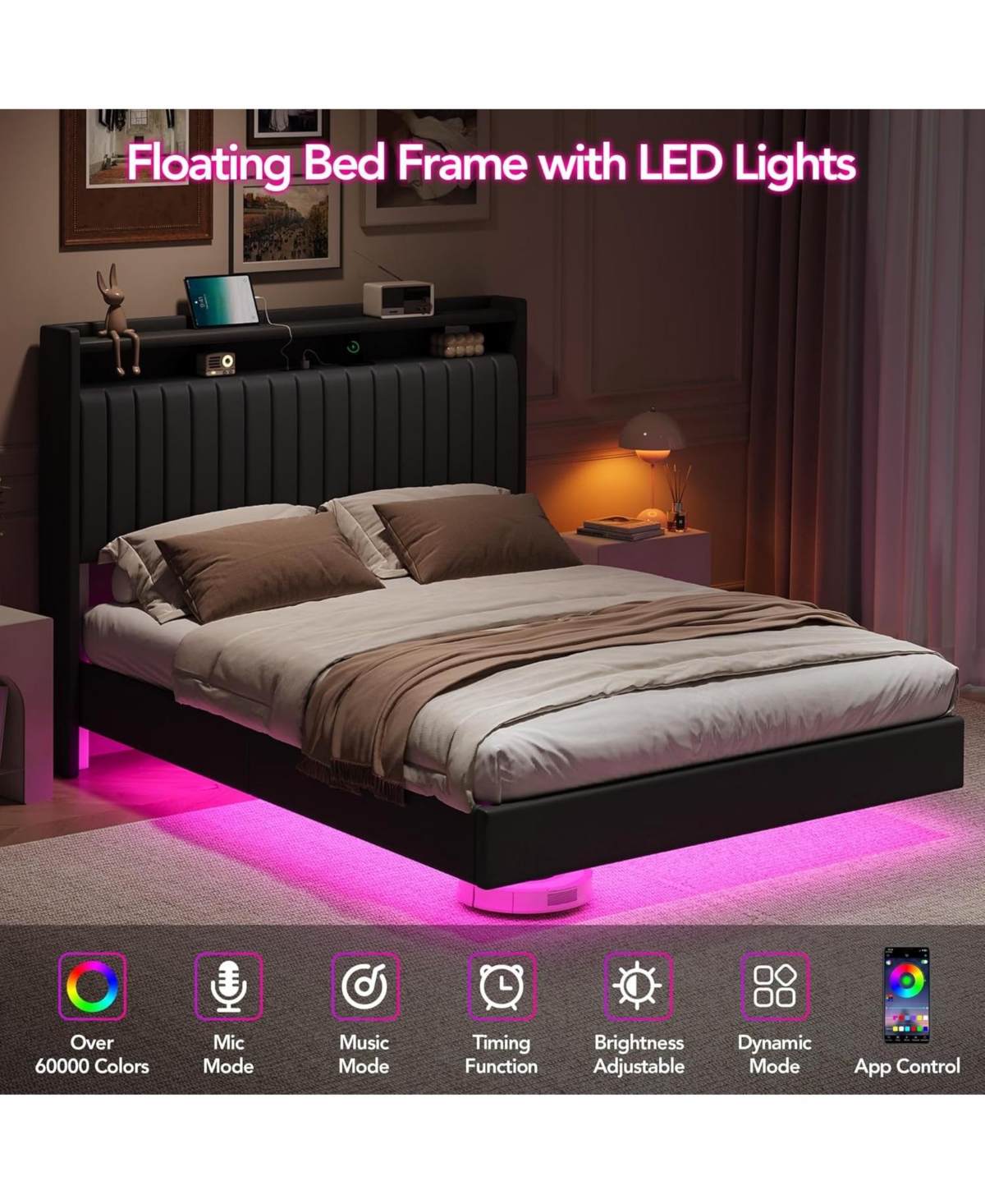 gaomon Full Size Floating Bed Frame Rgb Led Lights Charging Station Storage Headboard 50in Headboard Upholstered Platform Black