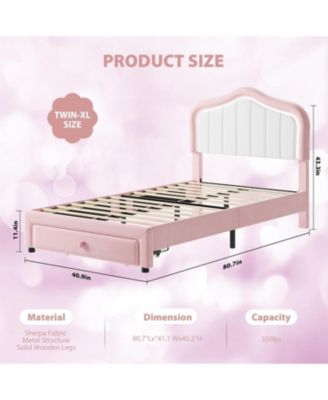 Twin XL Upholstered Bed Frame with LED Lights Storage Drawer Velvet Bed Headboard for Kids Girls Boys No Box Spring Pink