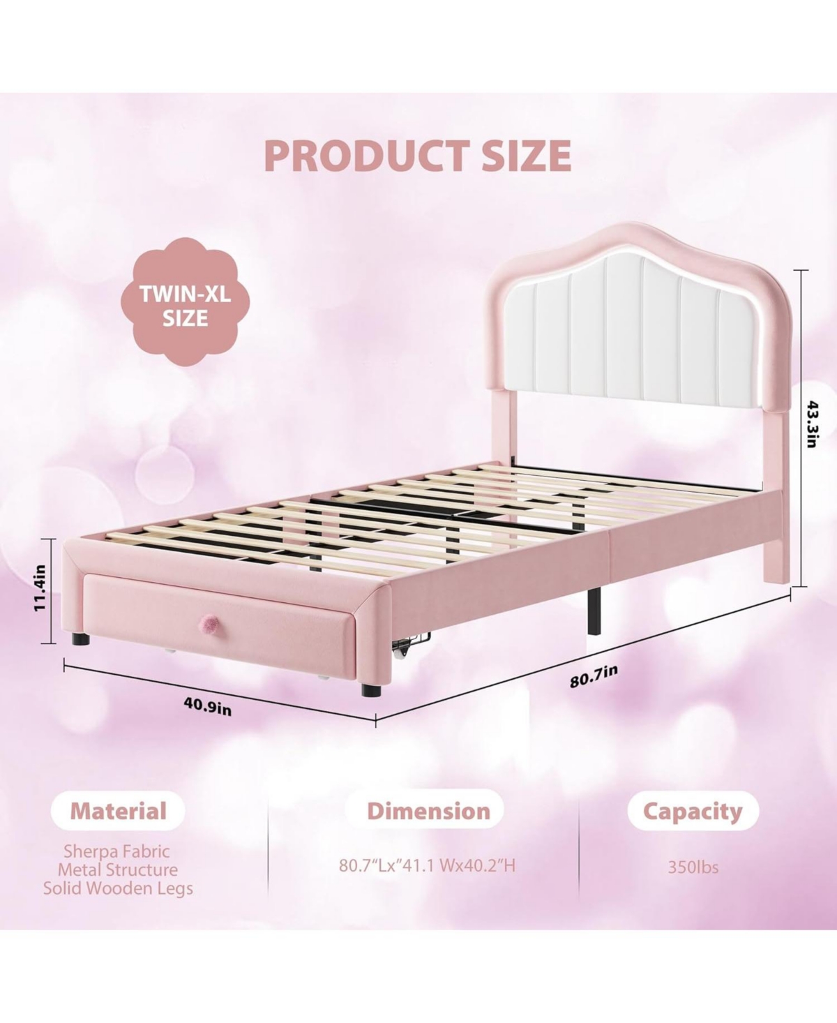 gaomon Twin Xl Upholstered Bed Frame with Led Lights Storage Drawer Velvet Bed Headboard for Kids Girls Boys No Box Spring Pink