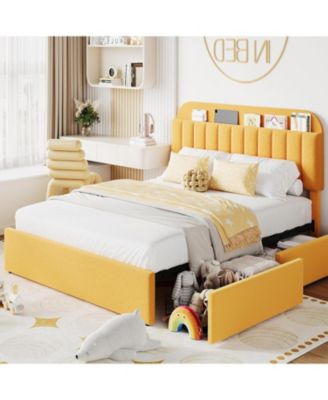 Full Size Boucle Upholstered Platform Bed Frame with Bookcase Headboard 2 Drawers for Boys Yellow No Box Spring