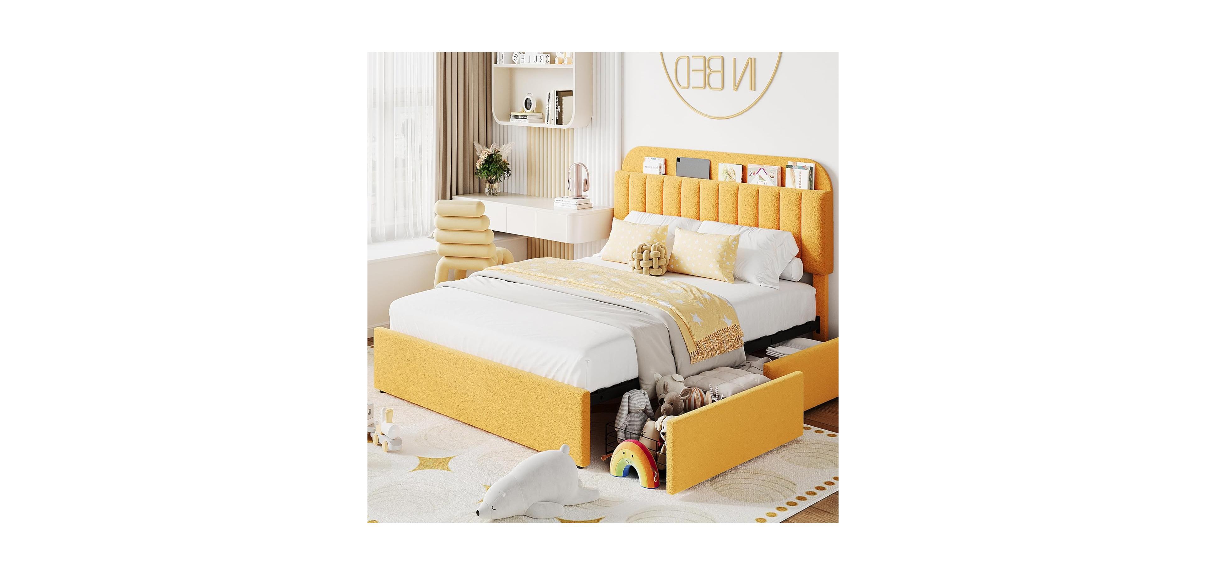 gaomon Full Size Boucle Upholstered Platform Bed Frame with Bookcase Headboard 2 Drawers for Boys Yellow No Box Spring
