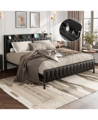King Size Black Faux Leather Upholstered Platform Bed Frame with Storage Headboard Charging Station USB Ports Outlets