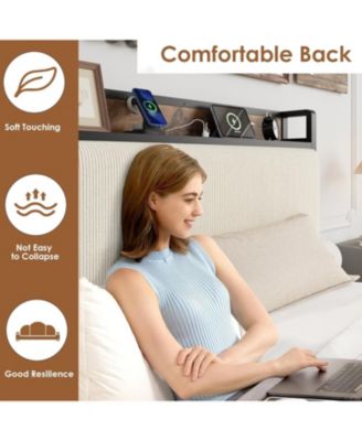 Twin Size Beige Velvet Upholstered Platform Bed Frame 2 Storage Drawers Charging Station Storage Headboard No Box Spring