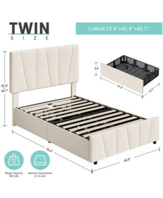 Twin Size Bed Frame with Adjustable Headboard and 2 Storage Drawers