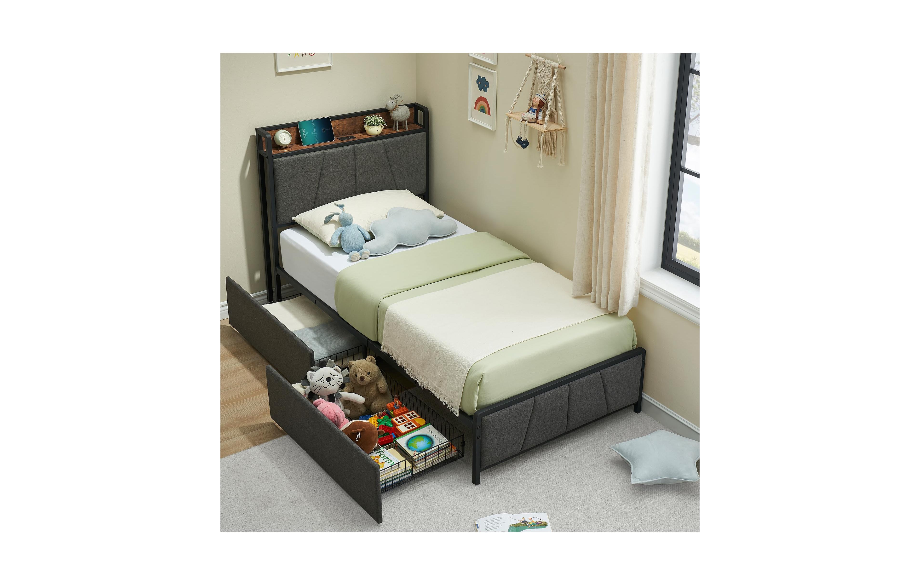 gaomon Twin Size Bed Frame with 2 Storage Drawers and Charging Station, Rustic Linen Upholstered Platform Bedframe