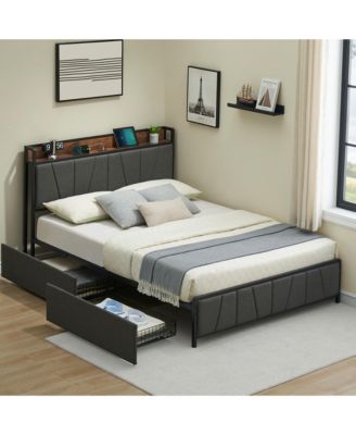 Full Size Bed Frame with 2 Storage Drawers and Charging Station, Rustic Linen Upholstered Platform Bedframe
