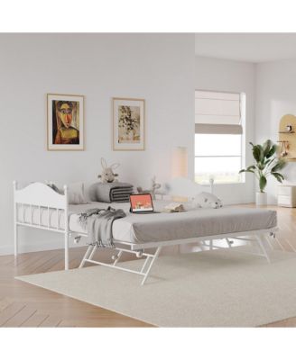 Daybed with Trundle, Metal Twin Size Day Bed with Stylish Headboard, Sofa Bed Frame with Pop Up Foldable Trundle Bed
