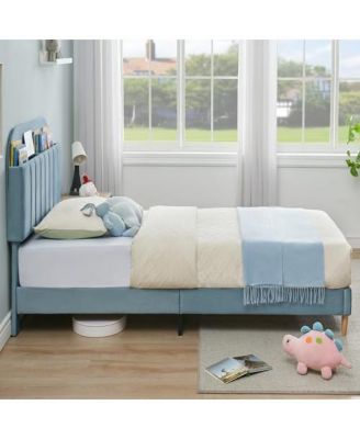 Twin Bed Frames, Upholstered Platform Bed Frame with Bookcase Headboard, Velvet Platform Bed Mattress Foundation