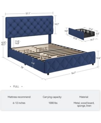 Full Bed Frame with 4 Storage Drawers and Headboard, Linen Upholstered Platform Bed Frame with Wooden Slats Support