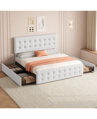King Bed Frame with Headboard and 4 Storage Drawers, Platform Bed Frame Square Stitched Button Tufted