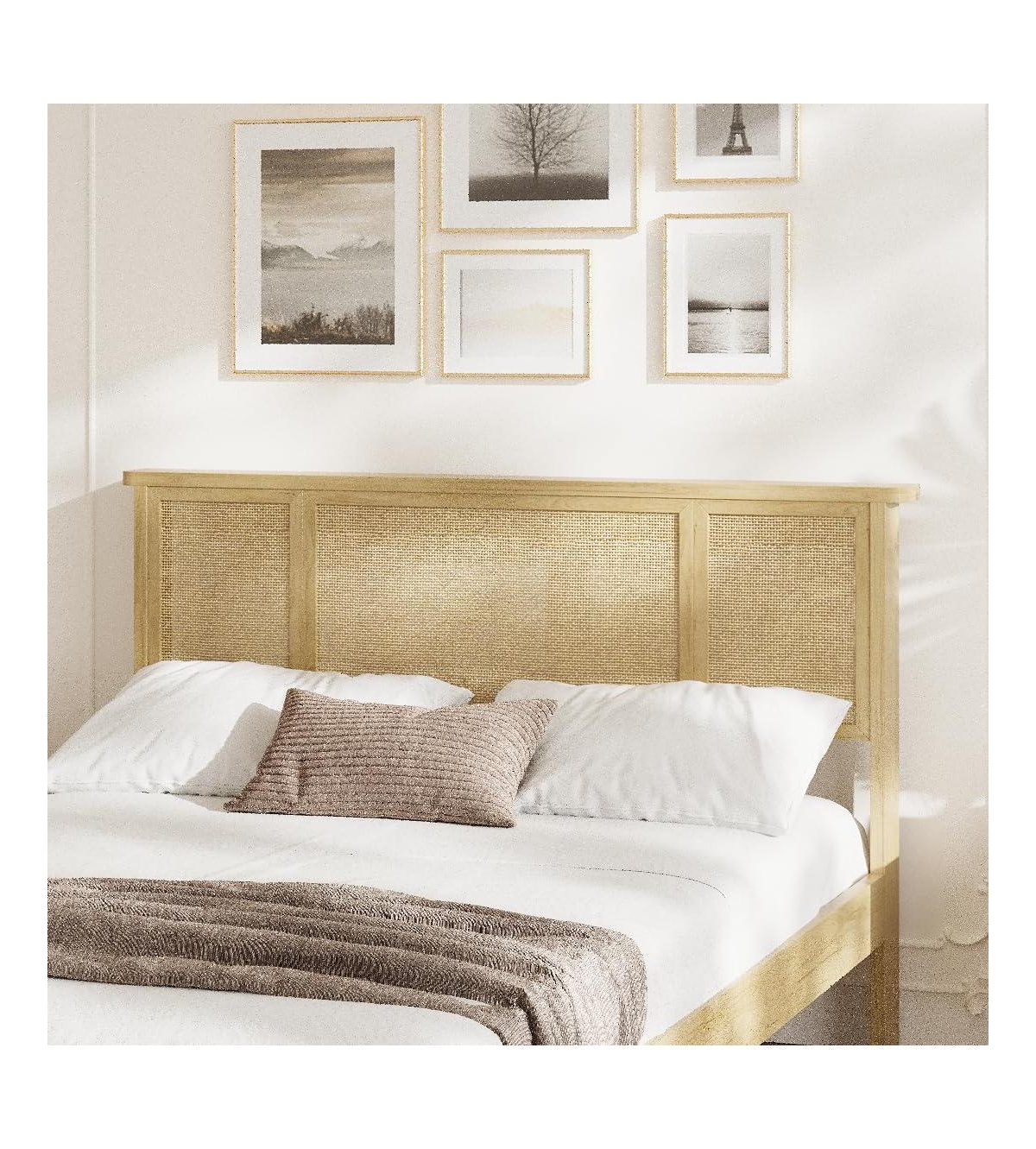 Gaomon Full Bed Frame with Natural Rattan Headboard, Sturdy Wooden Slats, Metal Platform, Boho Cane Mattress Support