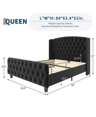 51" Tall Queen Size Bed Frame with Deep Button Tufted Wingback Headboard and Footboard