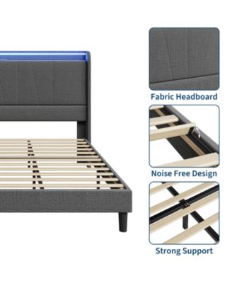 Full Size Bed Frame with Charging Station and LED Lights, Modern Platform Bed with Slats
