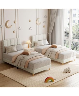 Twin-XL Bed Frame, Boucle Upholstered Platform Bed with Wave Headboard for Girls/Kids, Easy Assembly, Wooden Slats Support