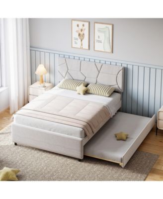 Trundle Bed, Queen Size Upholstered Platform Bed Frame, Pull Out Bed with Headboard, Wood Slat Support