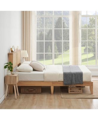 King Size Rattan Bed Frame,Bohemian Rattan King Bed Frame with Natural Headboard, LED Lights, Foundation with Silent Slats