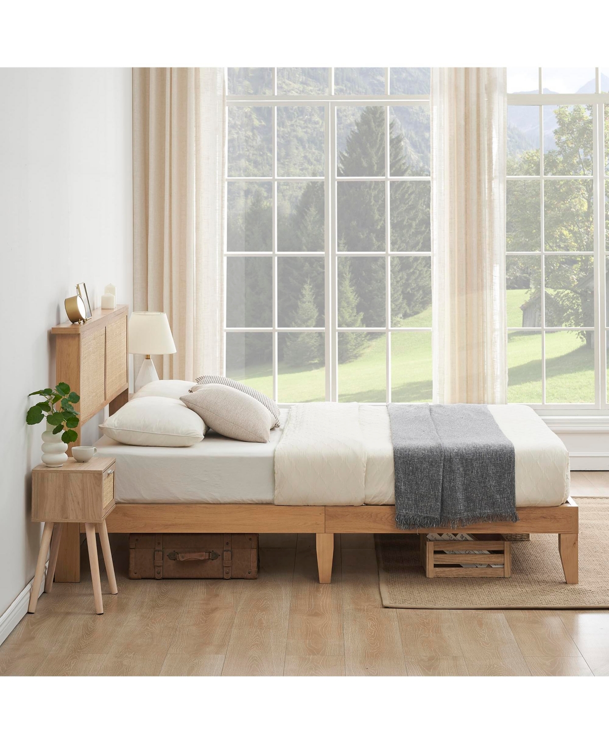 Gaomon King Size Rattan Bed Frame,Bohemian Rattan King Bed Frame with Natural Headboard, Led Lights, Foundation with Silent Slats