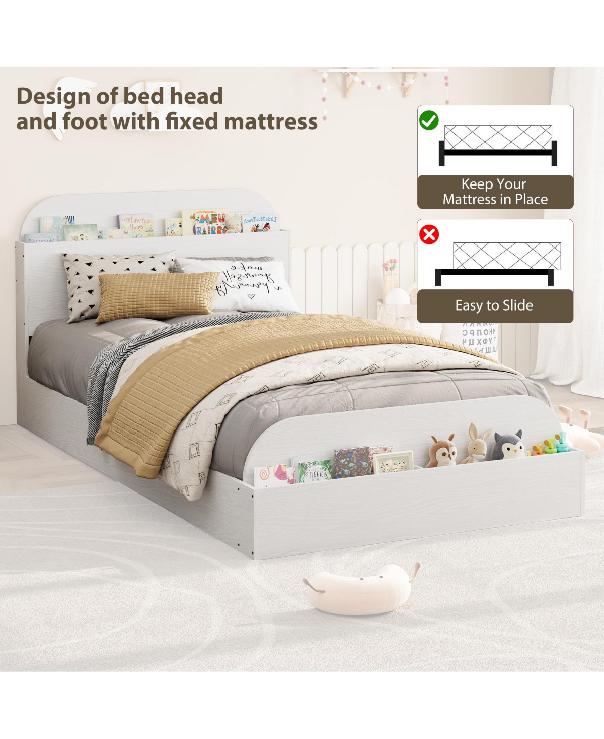 gaomon Twin Size Wooden Storage Headboard Raised Footboard Low Platform Bed Frame