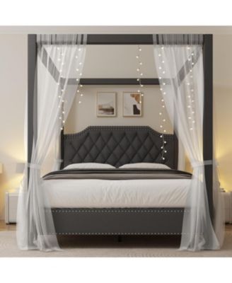 Upholstered Canopy Bed Frame Full Size with Headboard,Button Tufted, Nailhead Trim Design,No Box Spring Required
