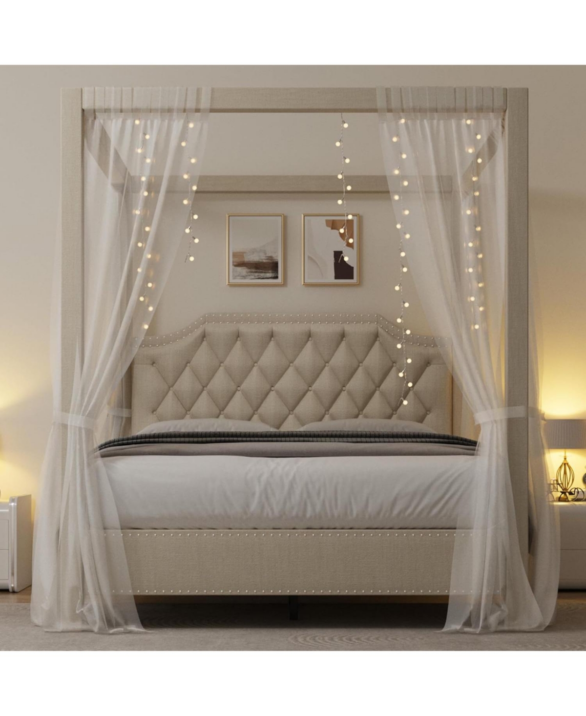 gaomon Upholstered Canopy Bed Frame Full Size with Headboard,Button Tufted,Nailhead Trim Design,No Box Spring Required