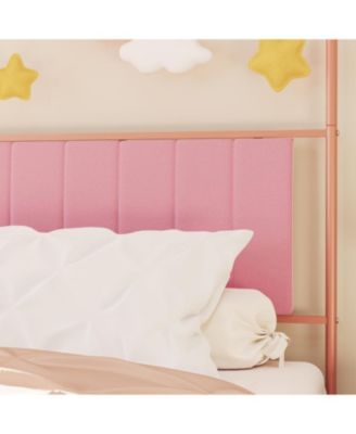 Twin Canopy Bed Frame, Metal Kids Platform with Upholstered Headboard, Strong Slats, Noise Free, Easy Assembly