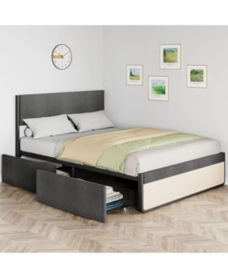 Platform Bed with Headboard and Two Storage Drawers, Metal Slat Noise-Free Assembly