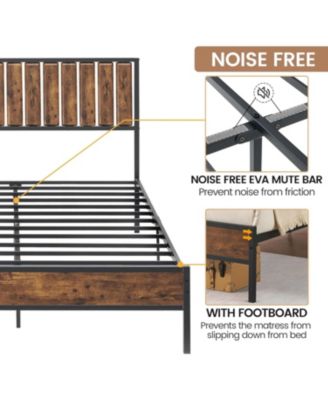 Platform Bed with Wooden Headboard and Footboard, 14-Bar Steel Support Frame, Strong Noise-Free Structure, No Box Spring Needed, Brown