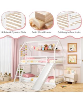 Twin Over Twin House Bunk Bed w/ Slide Solid Wood Low Bunk Bed for Kids