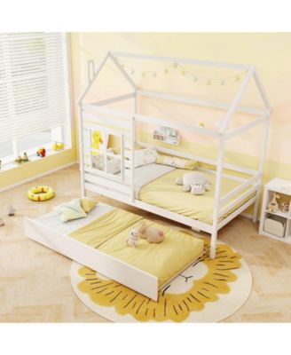 Twin Size House Bed with Trundle Wooden Platform Bed w/ Roof Chimney & Window