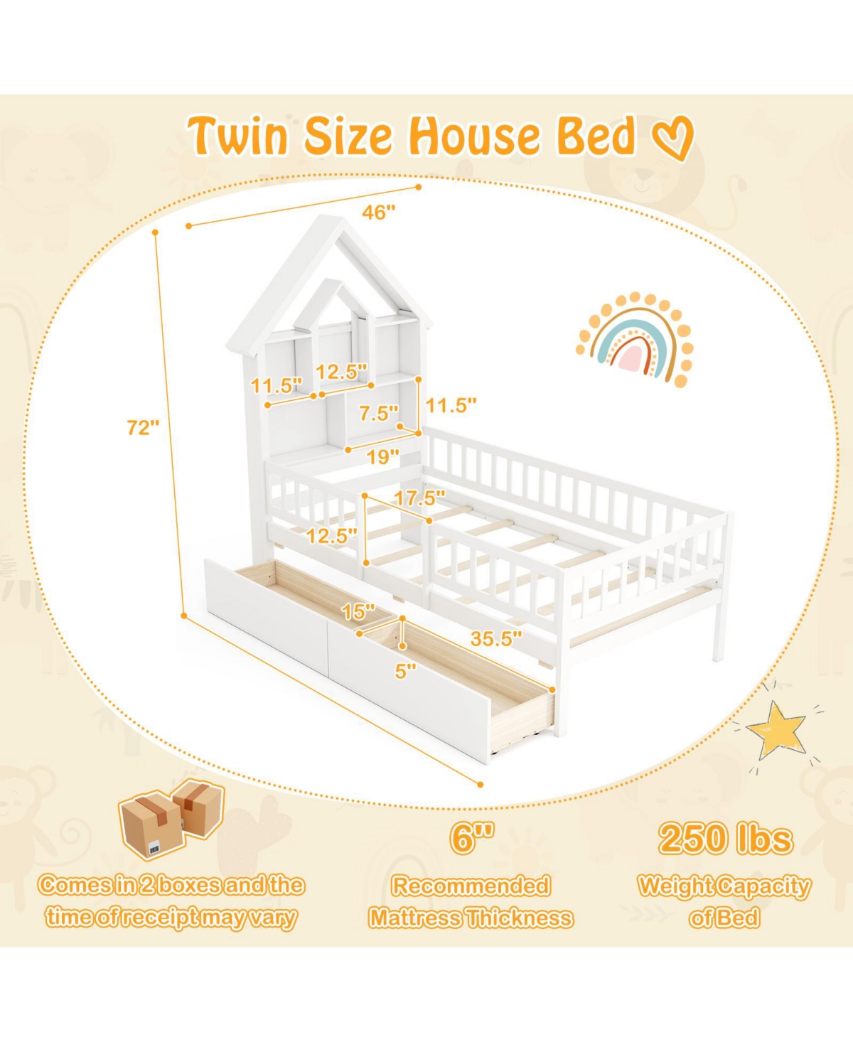 Gymax Twin Size House Bed w/ 2 Drawers Kids Montessori Bed w/ Storage Headboard